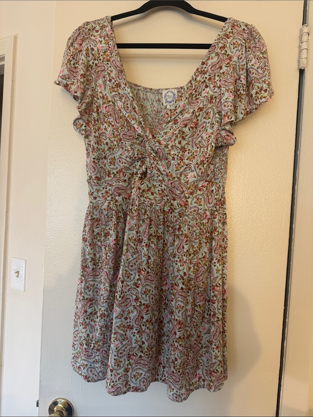 Blue Rain Paisley V-Neck Short Sleeve Dress — Pink & Green